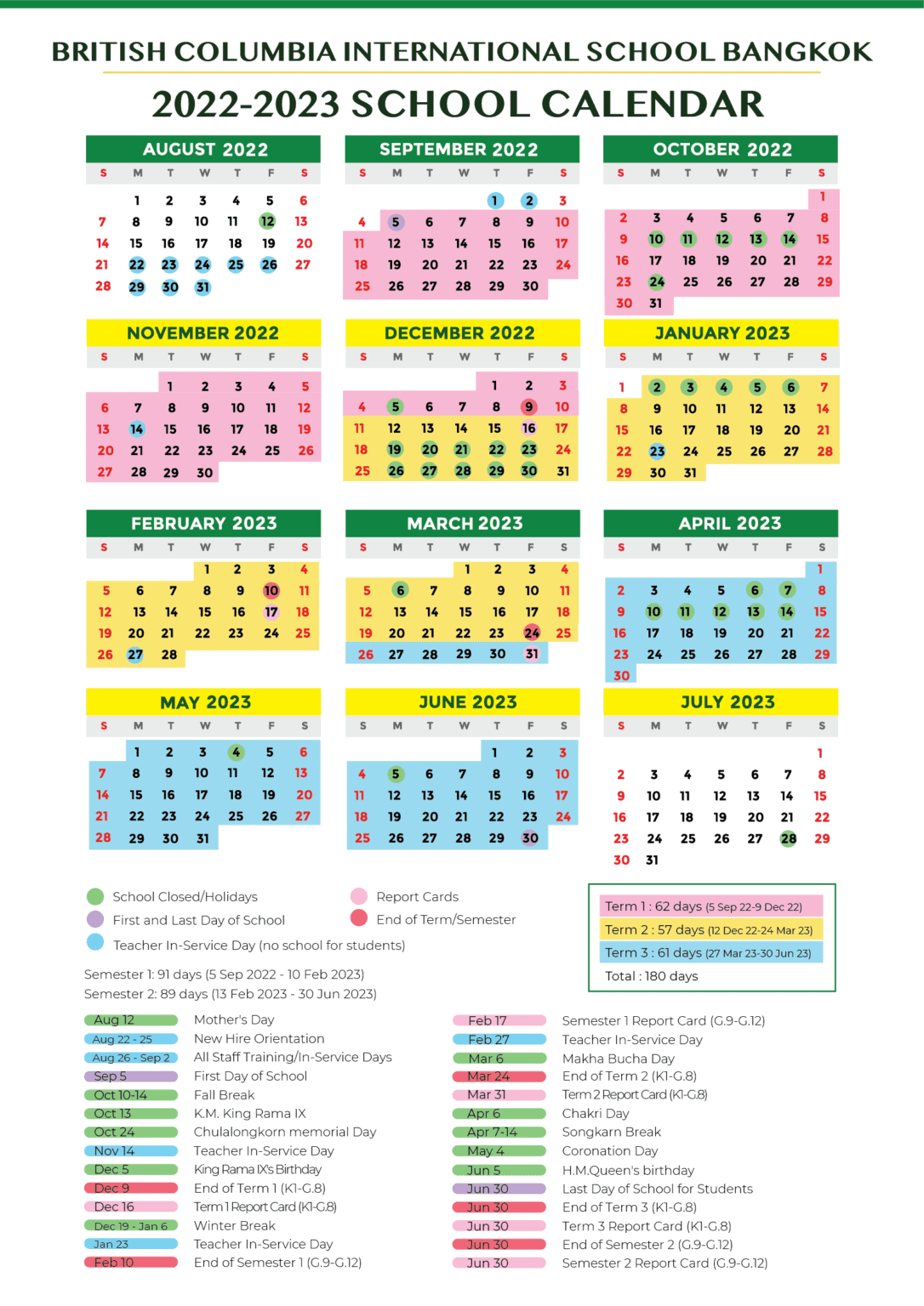 SCHOOL CALENDAR British Columbia International School Bangkok